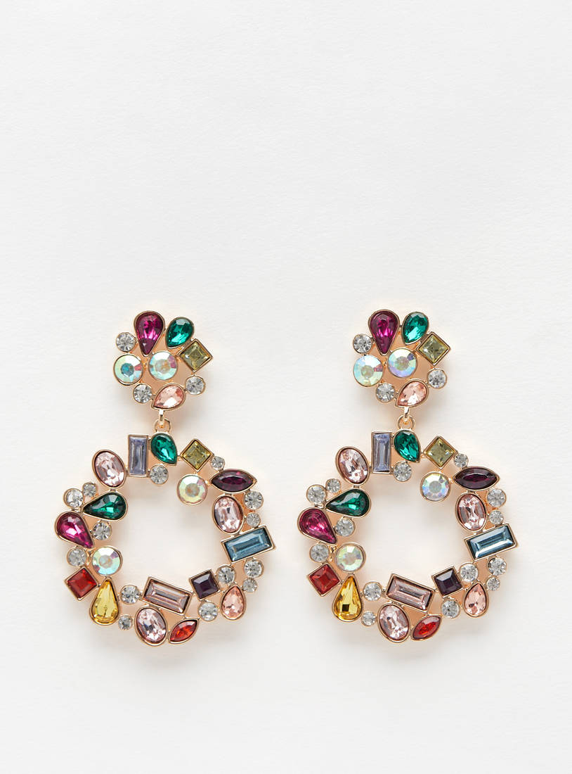 Studded Metallic Dangling Earrings with Pushback Closure-Earrings-image-0