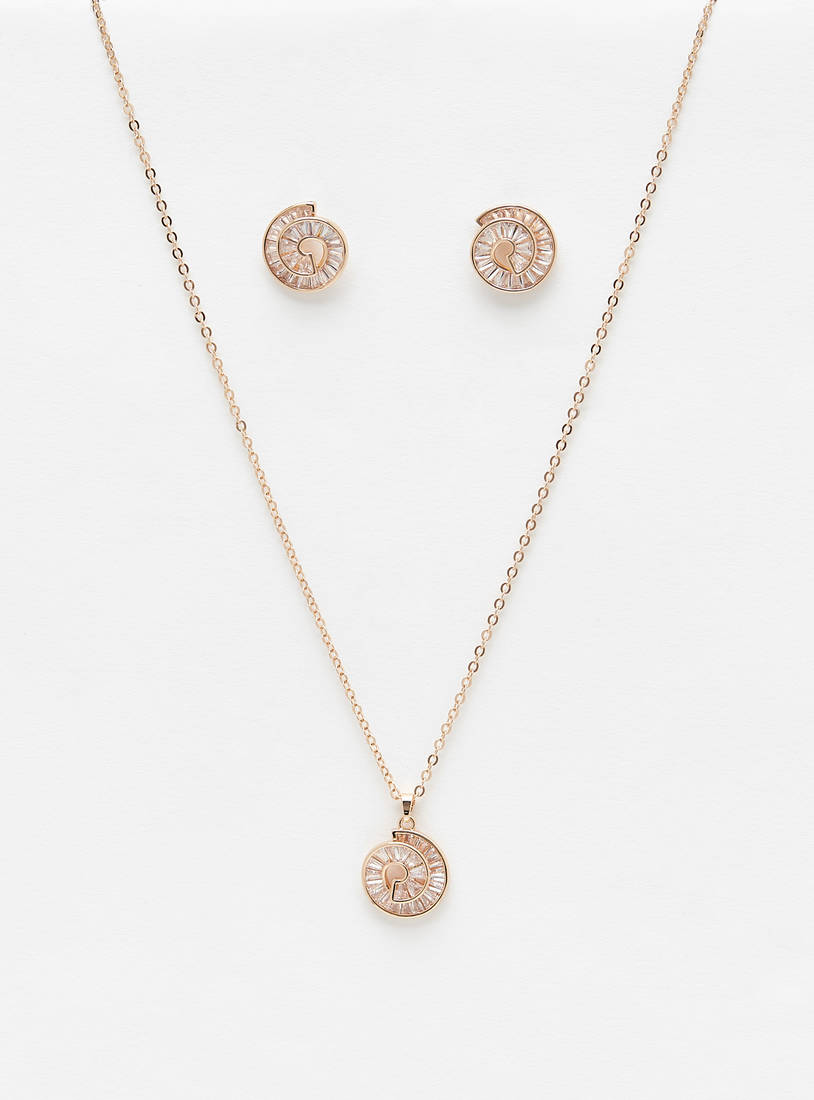 Embellished Spiral Pendant Necklace and Earrings Set-Sets-image-0