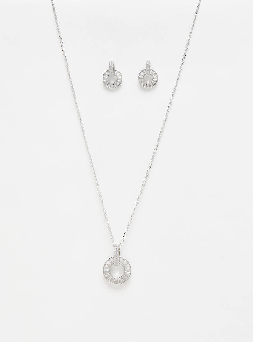Stone Embellished Pendant Necklace and Earrings Set-Sets-image-0