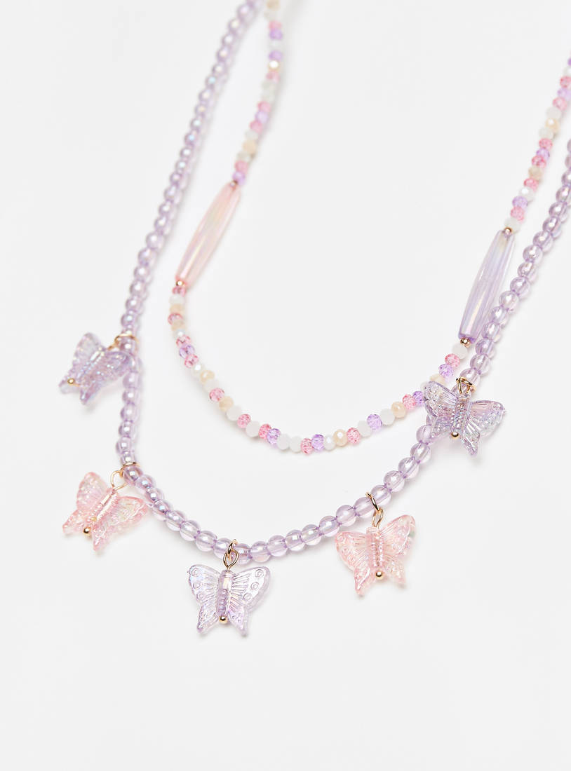 Beads Double Layer Necklace with Butterfly Charms-Necklaces & Pendants-image-1