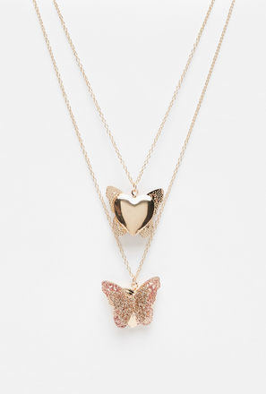 Double Layer Necklace with Butterfly and Heart Shaped Pendants