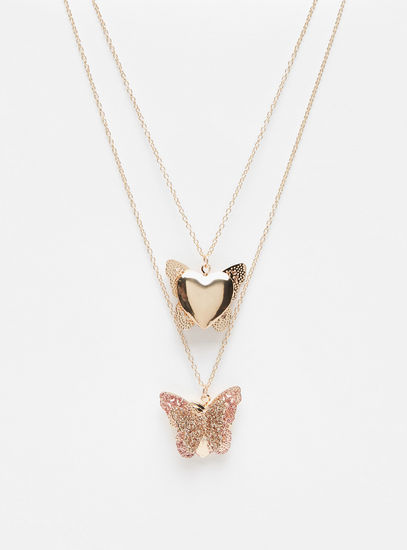 Double Layer Necklace with Butterfly and Heart Shaped Pendants-Necklaces & Pendants-image-0