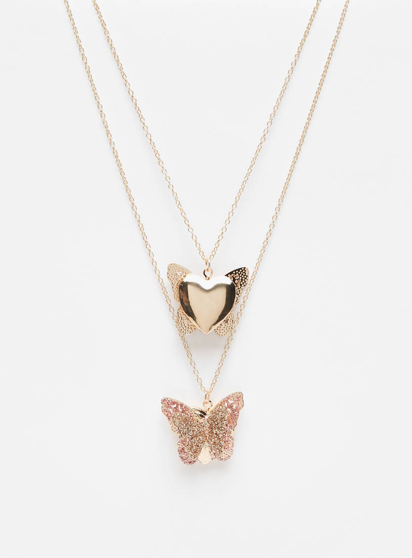 Double Layer Necklace with Butterfly and Heart Shaped Pendants-Necklaces & Pendants-image-0