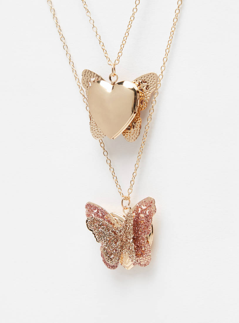 Double Layer Necklace with Butterfly and Heart Shaped Pendants-Necklaces & Pendants-image-1
