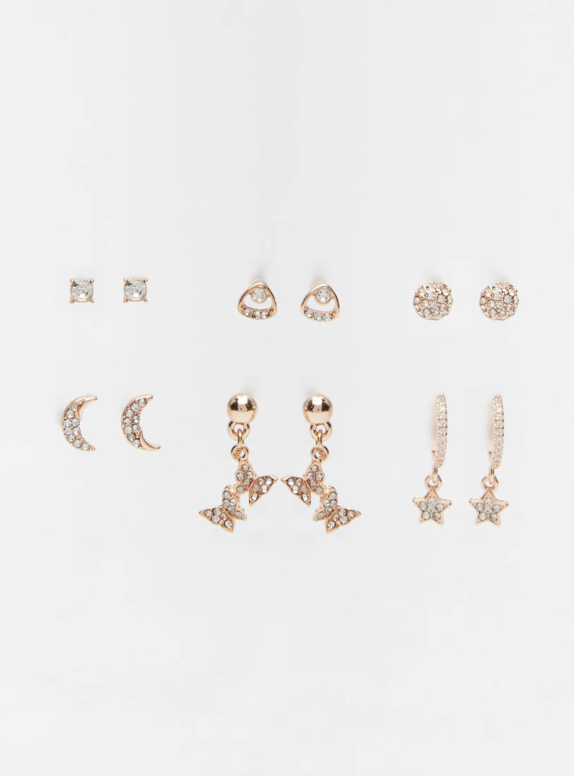 Pack of 6 - Metallic Studded Earrings-Earrings-image-0
