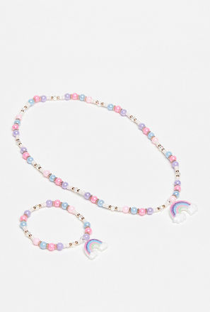 Beads Necklace and Bracelet Set with Rainbow Pendant