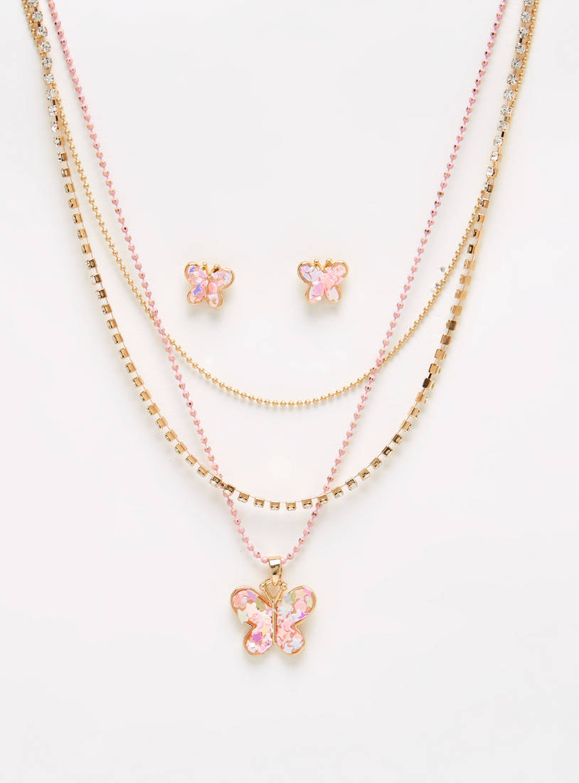 Butterfly Studded Necklace and Earrings Set-Sets-image-0