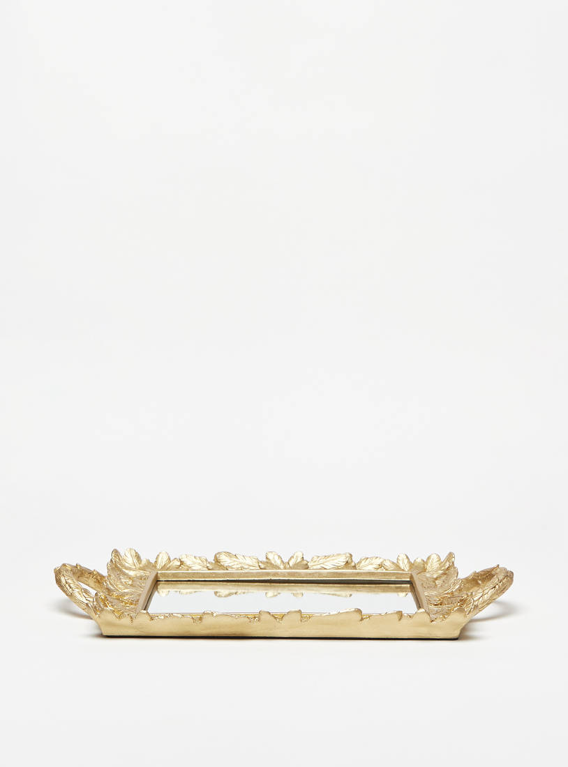 Leaf Textured Mirror Top Decorative Tray with Handles-Home Décor-image-0