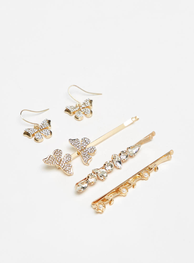 Embellished 3-Piece Hairpin Set with Butterfly Earrings-Sets-image-0
