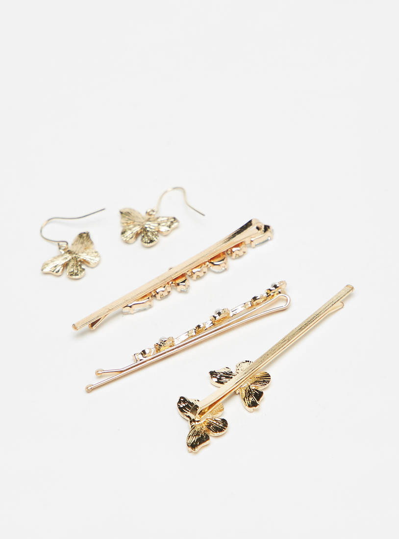 Embellished 3-Piece Hairpin Set with Butterfly Earrings-Sets-image-1