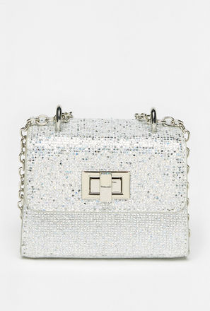 Embellished Crossbody Bag with Chain Strap and Clasp Closure