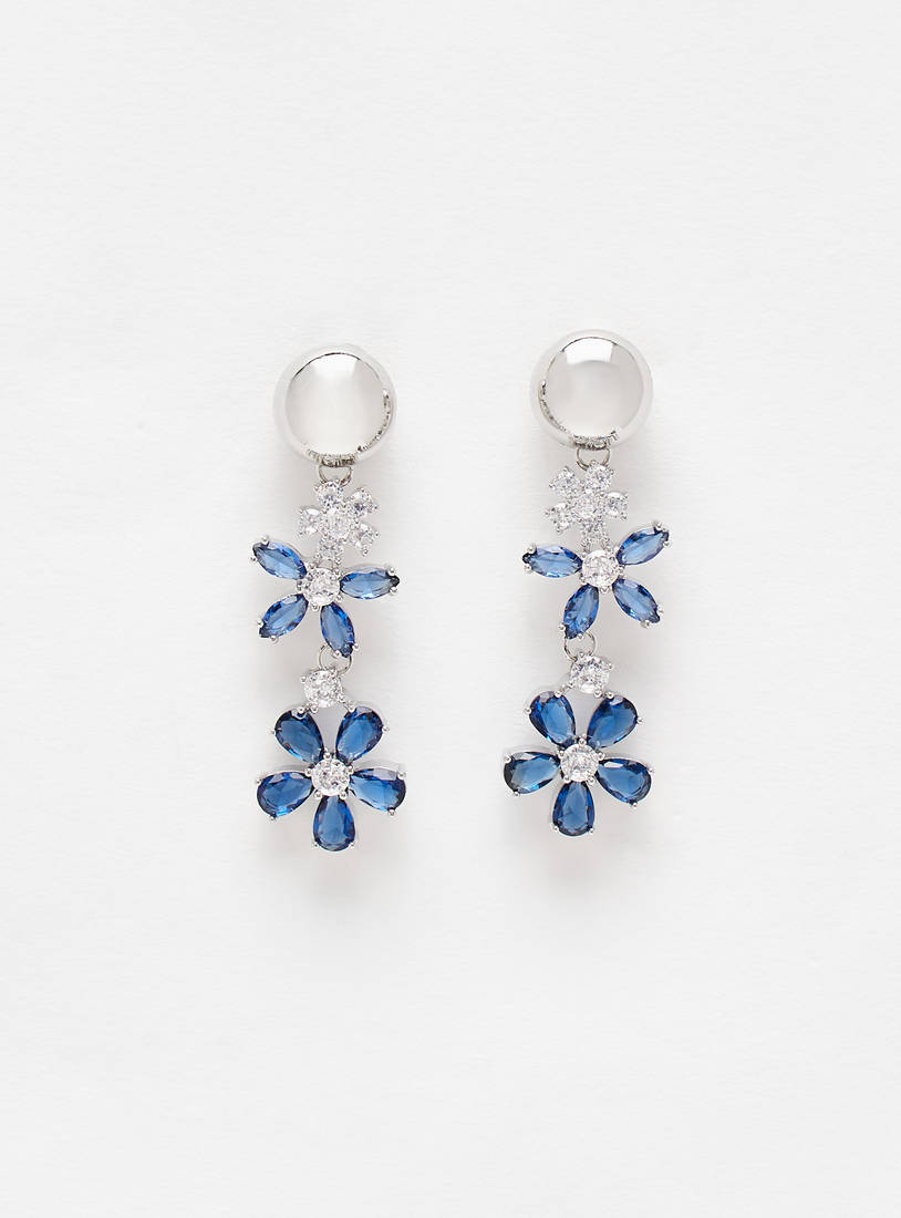 Stone Embellished Floral Dangler Earrings with Pushback Closure-Earrings-image-1