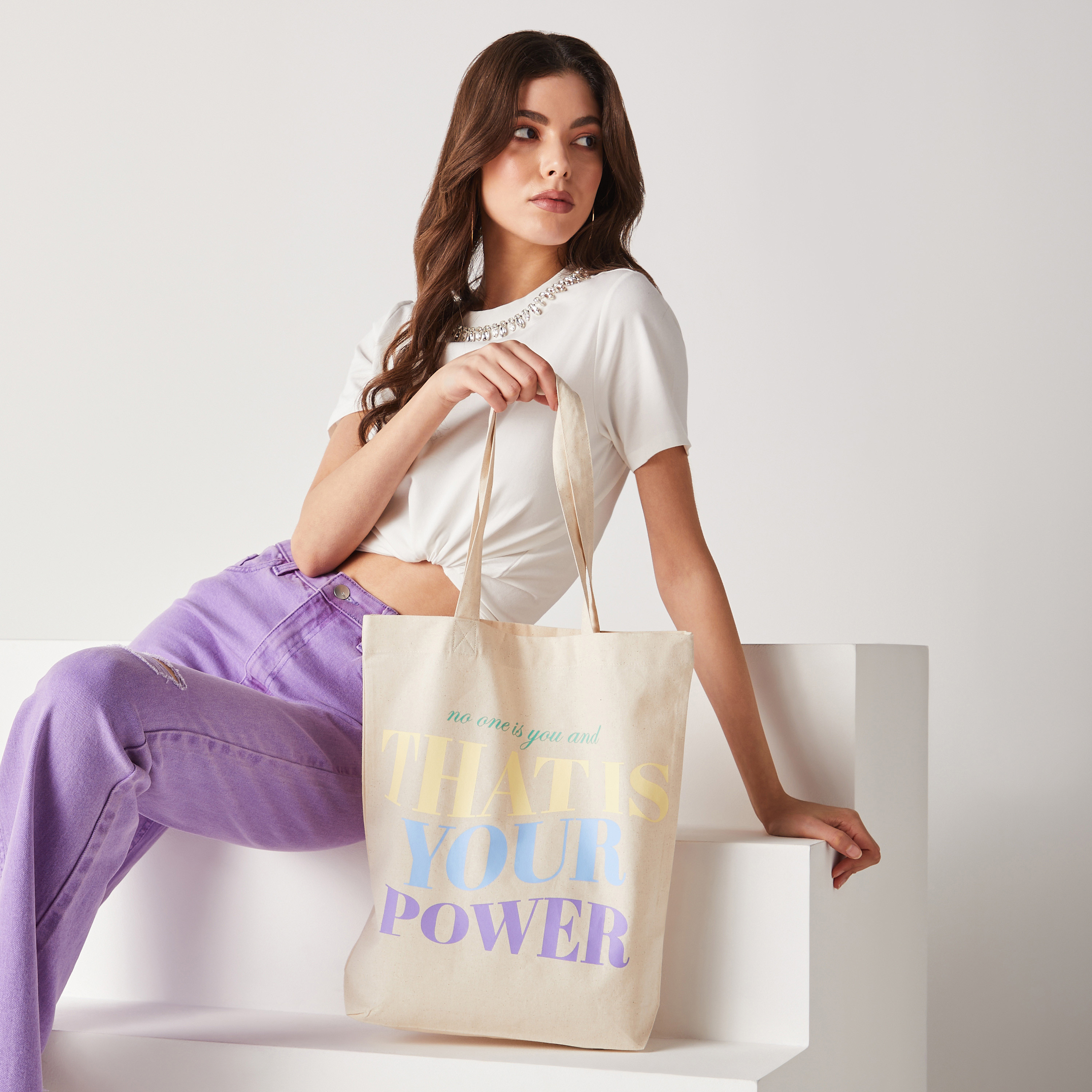 Shop Tassel Detail Tote Bag with Magnetic Snap Closure Online | Max Kuwait