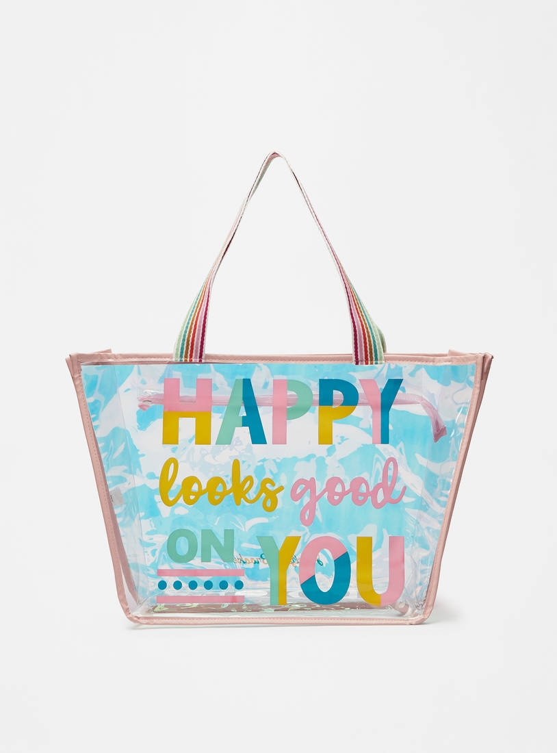 Typographic Print Tote Bag with Double Handle and Zip Closure-Bags-image-0