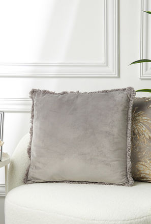 Plain Velvet Filled Cushion with Fringed Edges - 45x45 cm-mxhome-homefurnishings-cushionsandpillows-cushions-2