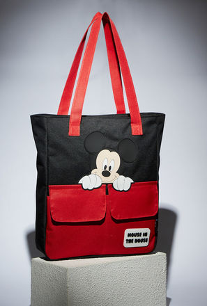 Mickey Mouse Applique Detail Tote Bag with Double Handle and Zip Closure-mxkids-accessories-girls-bagsandbackpacks-bags-1