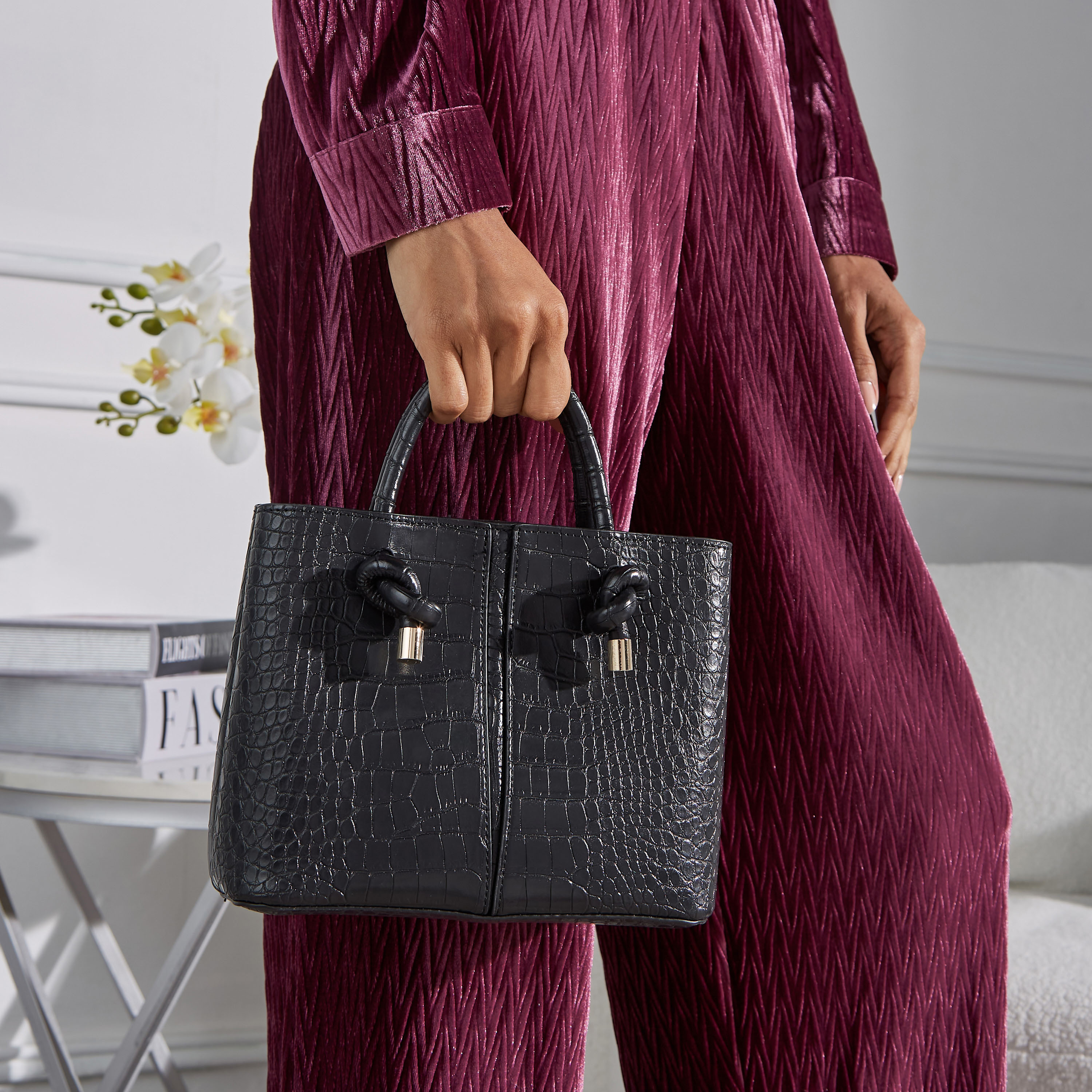 Shop Textured Tote Bag with Top Handle and Detachable Strap Online