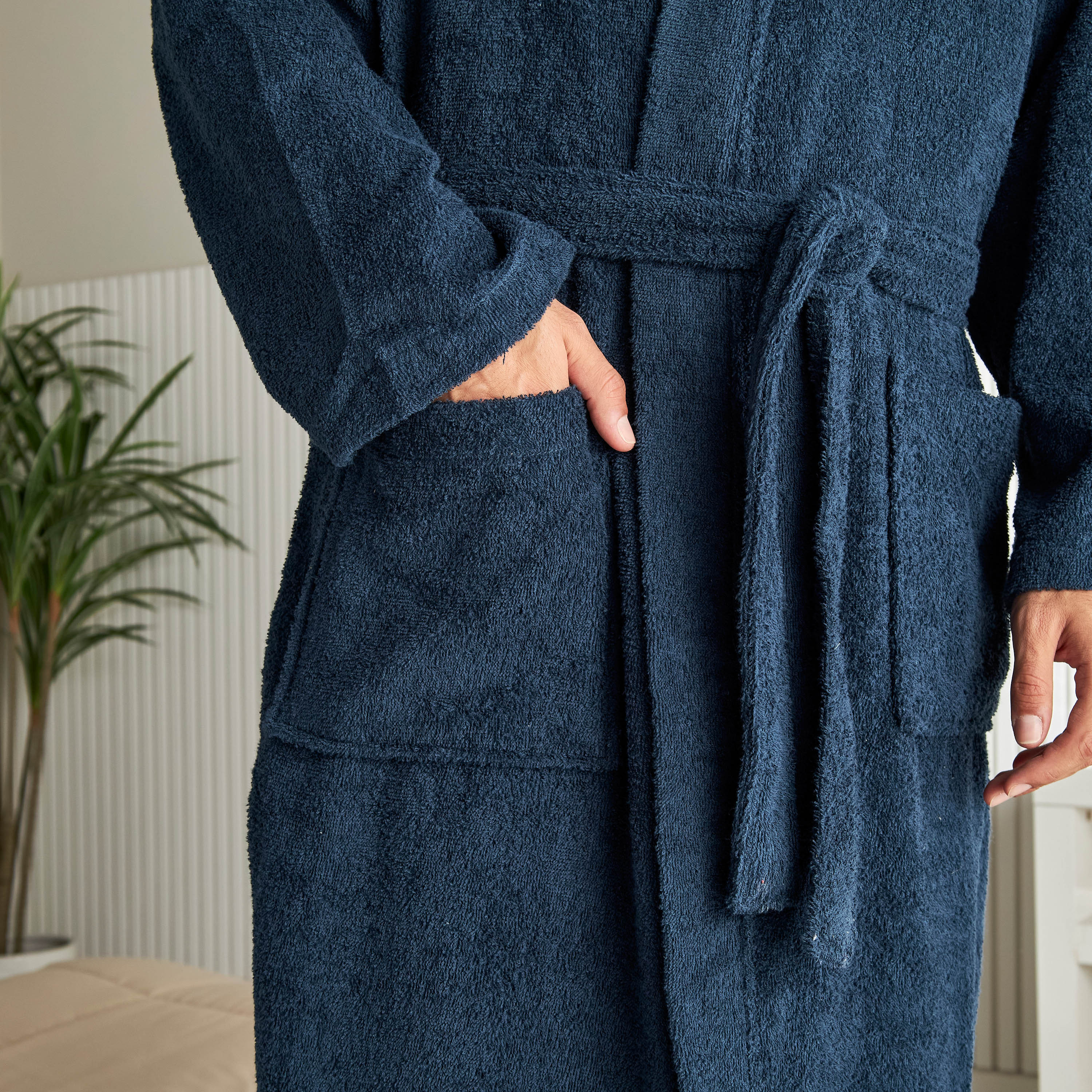 Shop Textured Bath Robe with Tie Up Belt and Pockets Online Max UAE