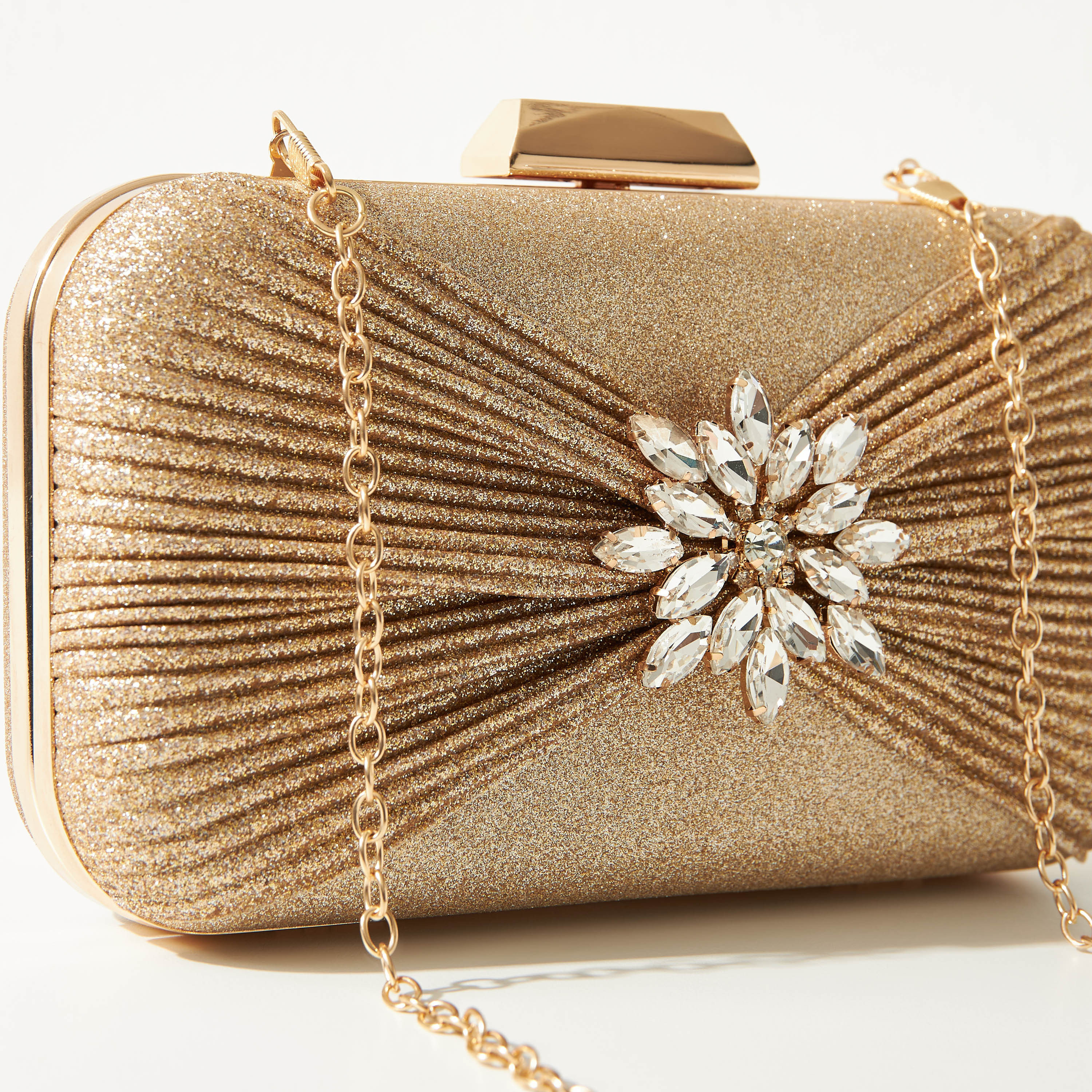 Embellished gold clutch bag best sale