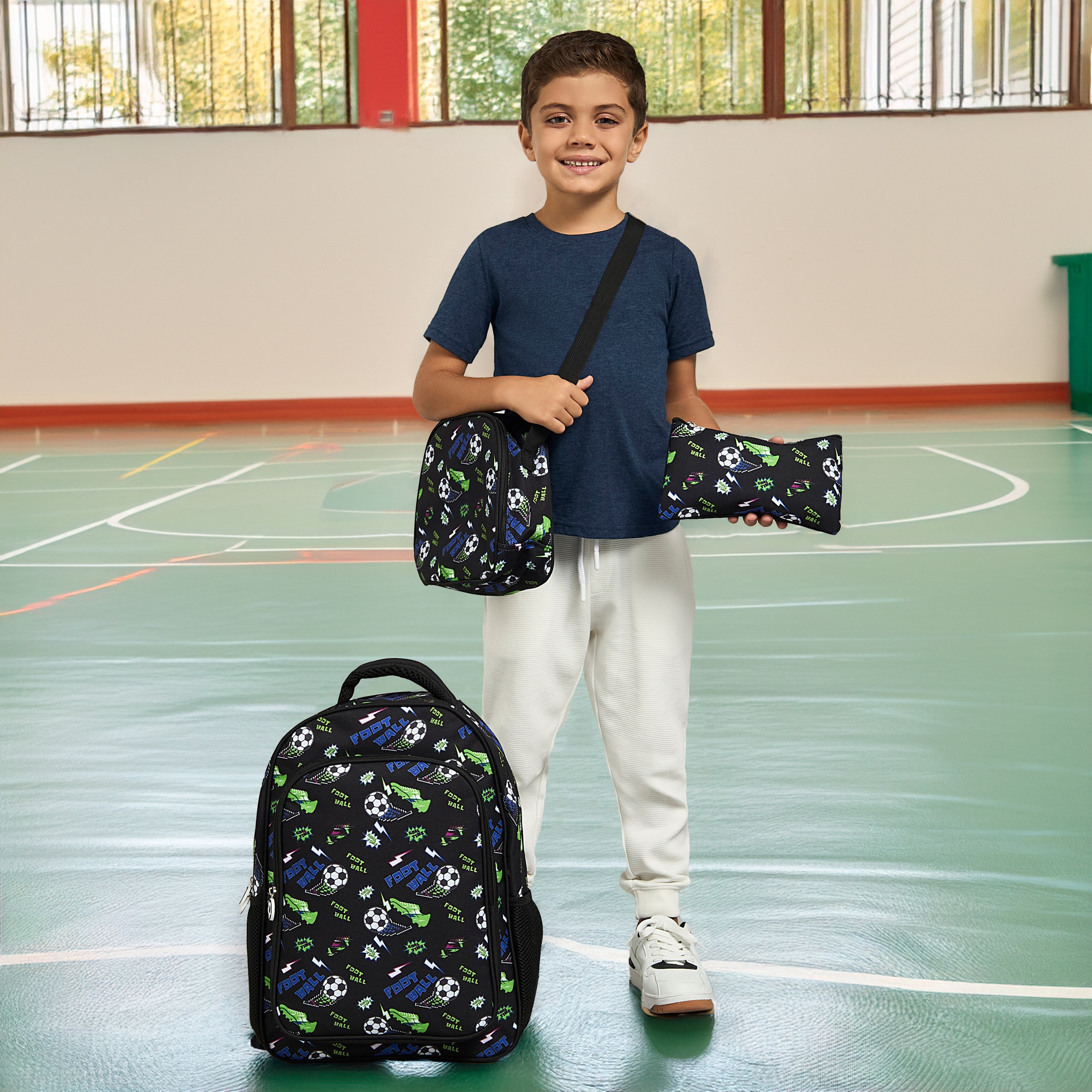 Shop All Over Football Print Backpack with Lunch Bag and Pencil Case Online Max UAE