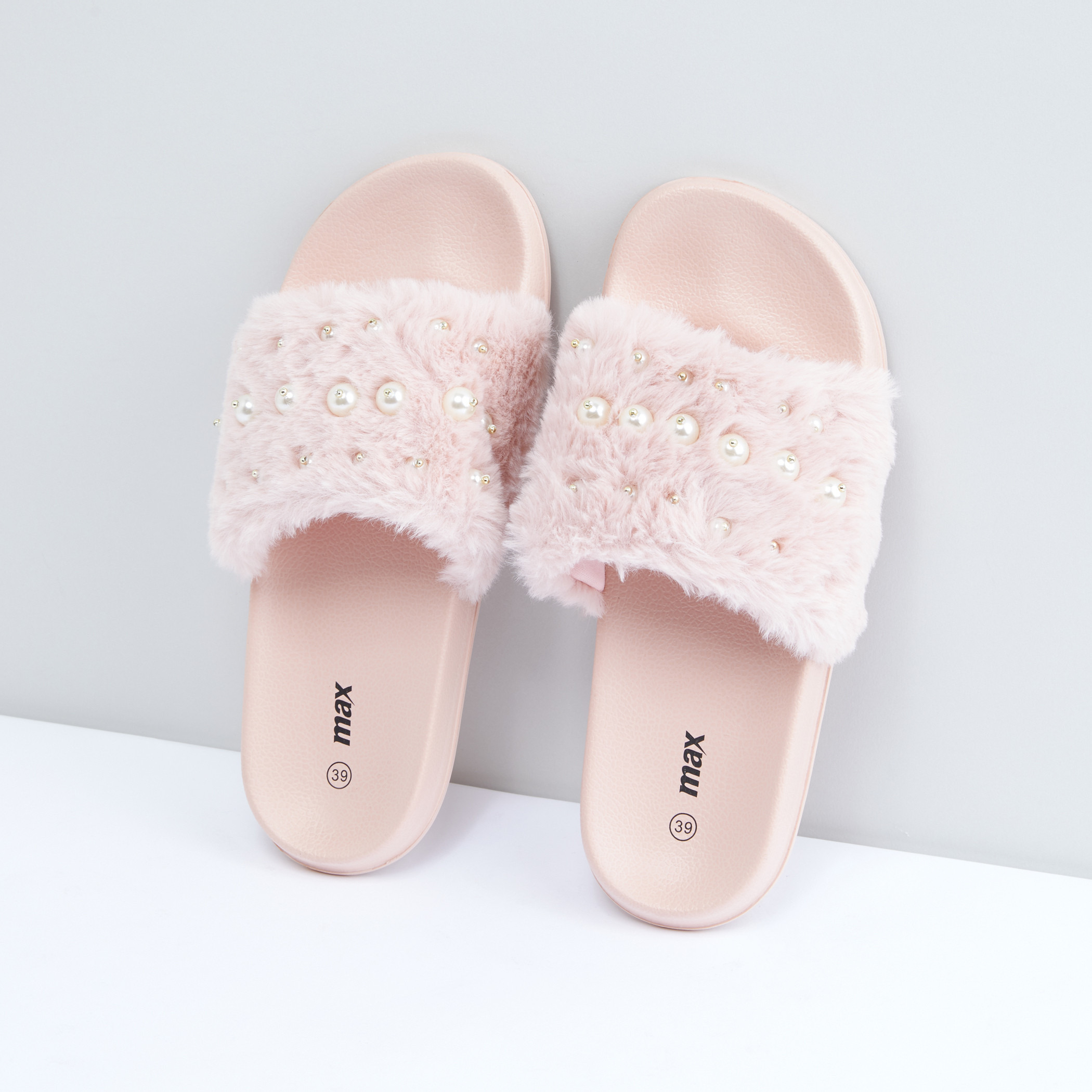 Shop Embellished Plush Slides Online Max Oman