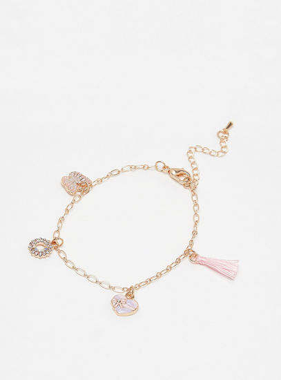 Metallic Bracelet with Charms and Lobster Clasp Closure