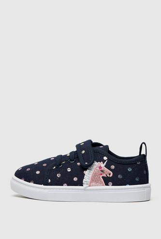Unicorn Embroidered Foil Print Sneakers with Hook and Loop Closure