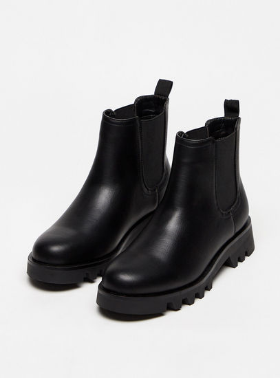 Solid Slip-On Boots with Pull Tab Detail and Block Heels
