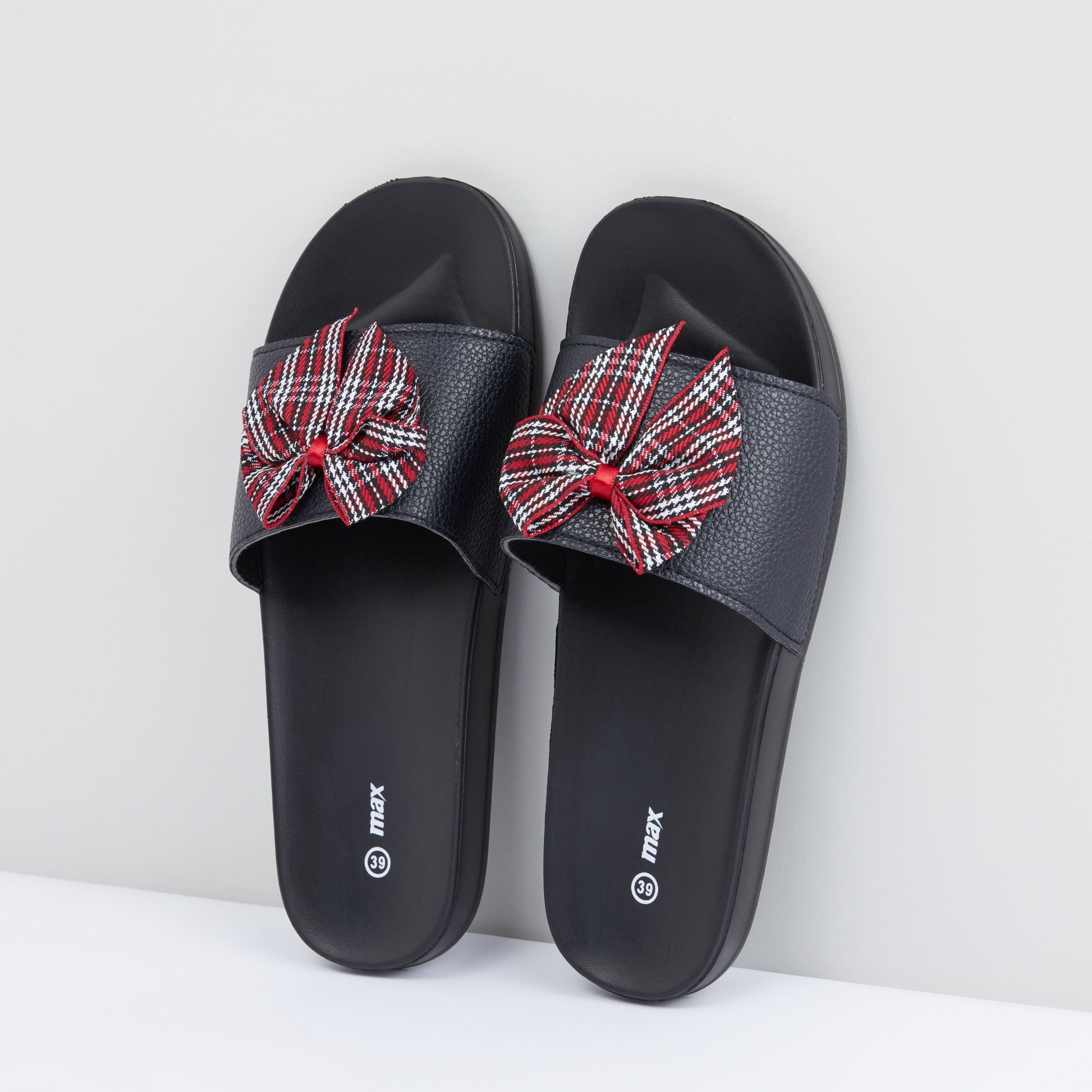 Black slides with discount bow