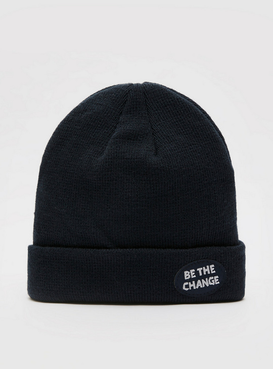 Textured Beanie Cap with Rolled Hem and Badge Detail