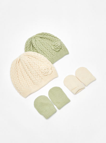 Set of 2 - Textured Beanie with Solid Mittens
