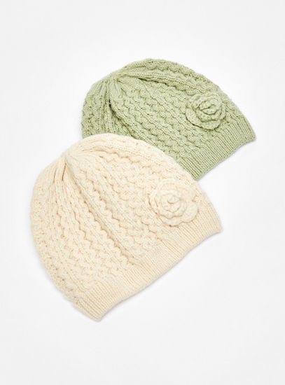 Set of 2 - Textured Beanie with Solid Mittens