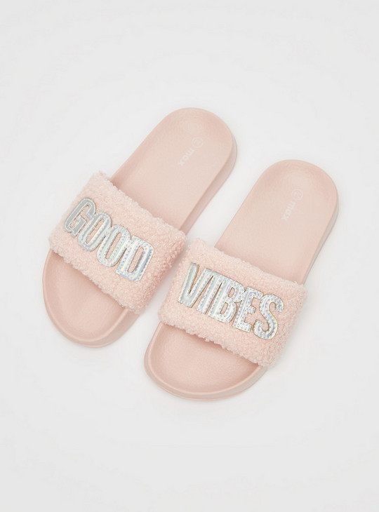 Text Detail Slide Slippers with Plush Vamp Band