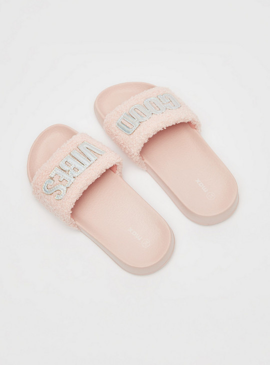 Text Detail Slide Slippers with Plush Vamp Band