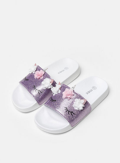 Unicorn Glitter Print Slide Sandals with Floral Accent
