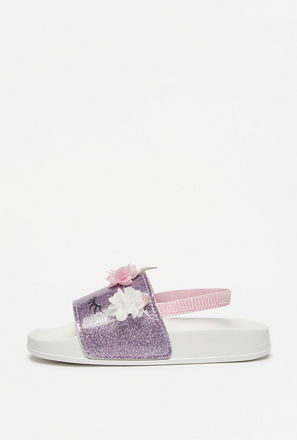 Glitter Print Slides with Floral Accent and Elasticated Back Strap-mxkids-babygirlzerototwoyrs-shoes-flipflops-1