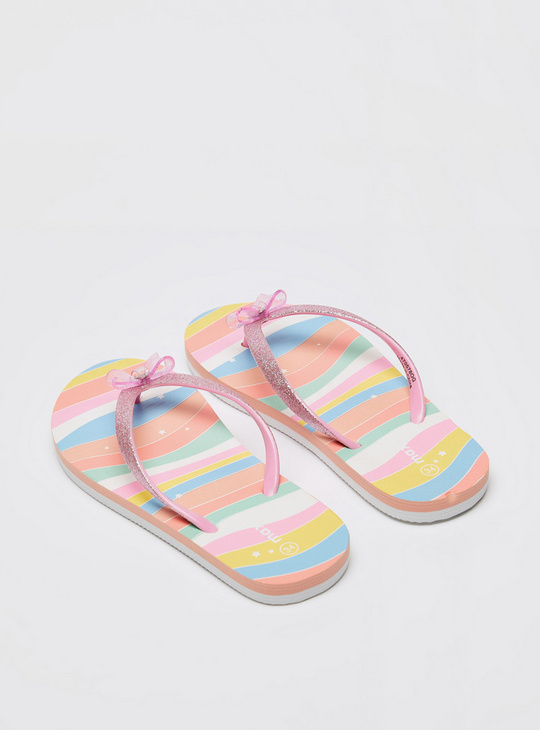 Printed Slip-On Thong Slippers with Bow Accent