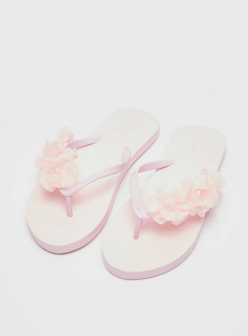Solid Thong Slippers with Flower Applique-Flip Flops-image-1