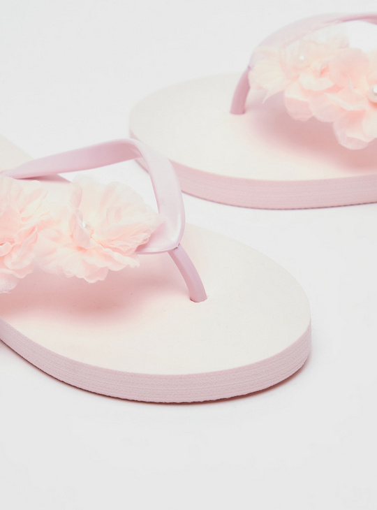 Solid Thong Slippers with Flower Applique