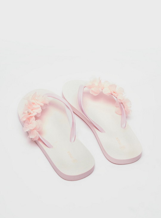 Solid Thong Slippers with Flower Applique