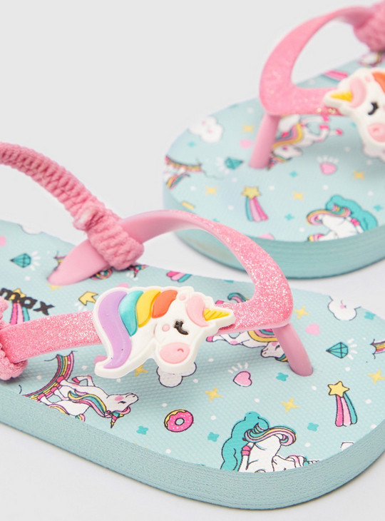 Unicorn Print Flip Flops with Applique Detail Straps and Slingback