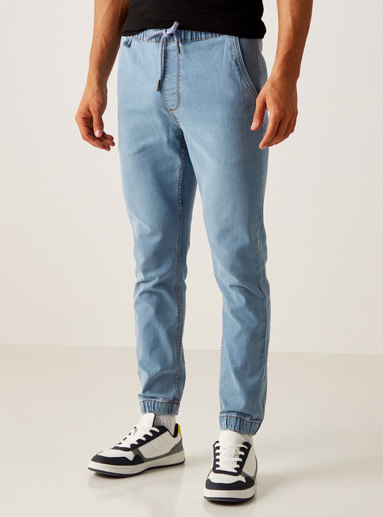 Slim Fit Solid BCI Cotton Denim Jog Pants with Drawstring Closure