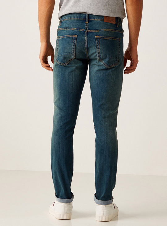 Solid BCI Cotton Mid-Rise Jeans with Pockets and Button Closure