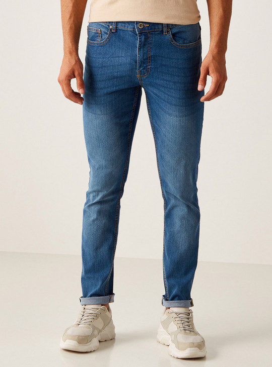 Solid BCI Cotton Mid-Rise Jeans with Button Closure and Pockets