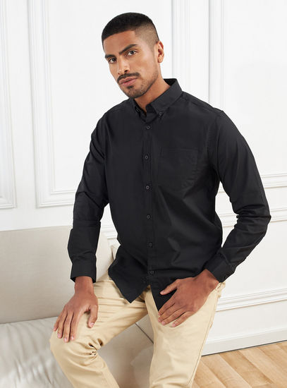 Solid Long Sleeves Shirt with Button Closure and Pocket