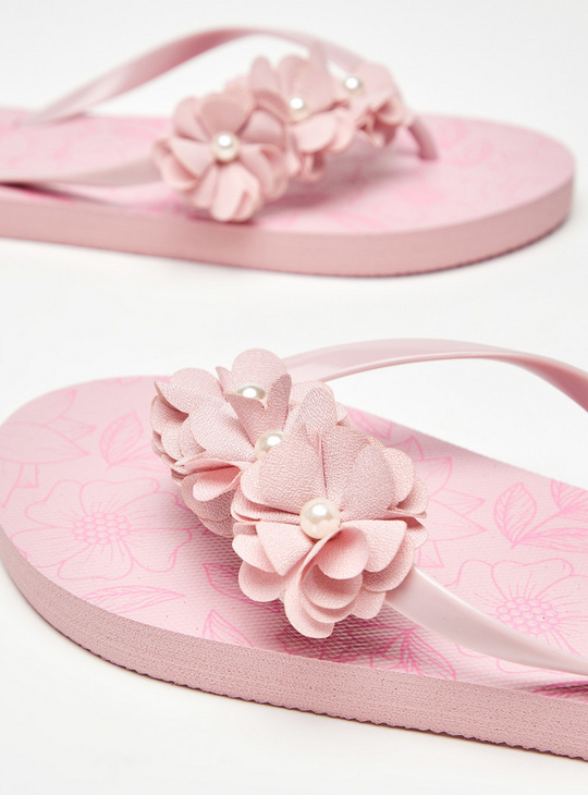 Floral Accented Slip-On Thong Slippers