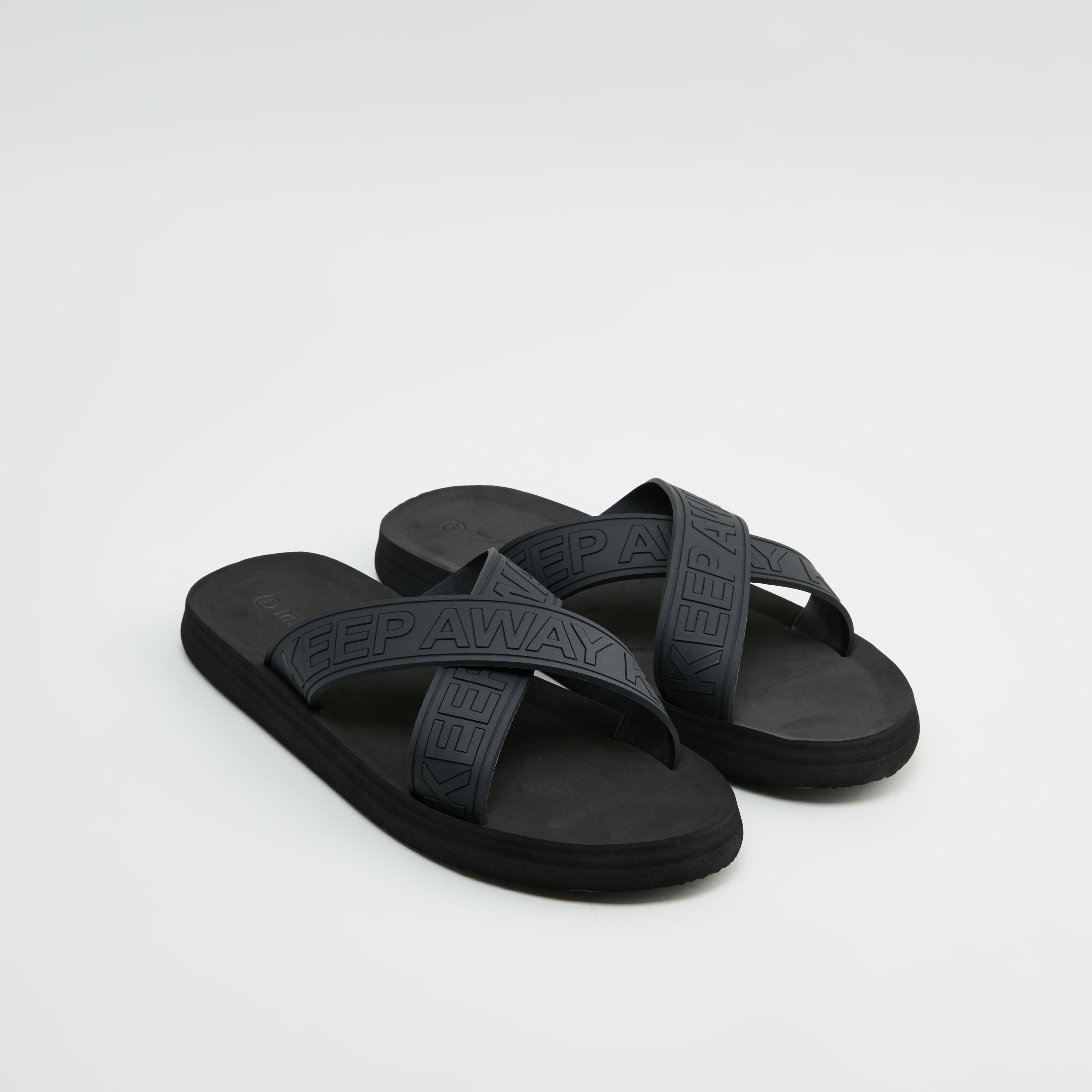 Shop Typographic Textured Cross Strap Slippers Online Max UAE