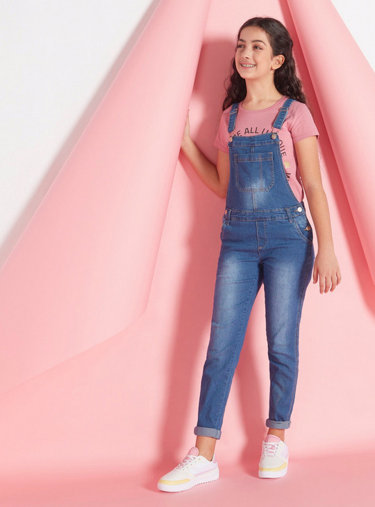 Solid Denim Dungarees with Pockets and Hook and Loop Closure