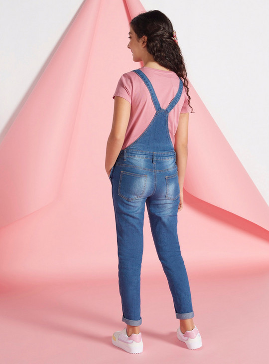 Solid Denim Dungarees with Pockets and Hook and Loop Closure