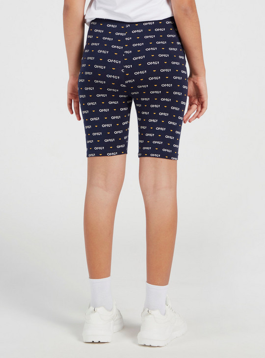 All-Over Text Print Cycling Shorts with Elasticated Waistband